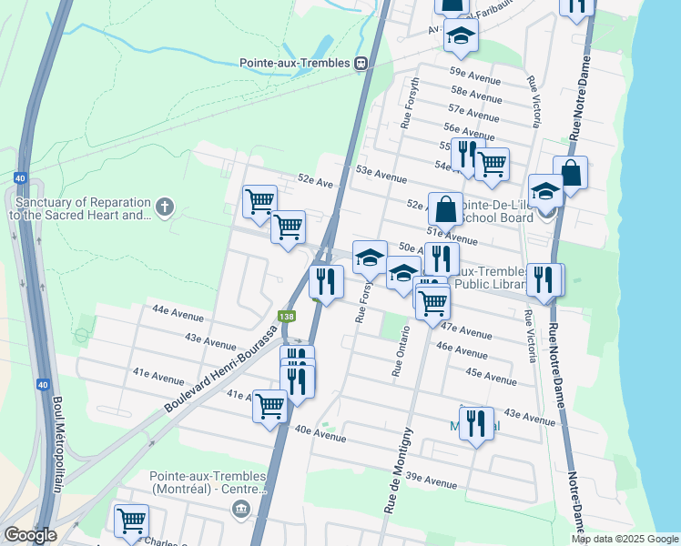 map of restaurants, bars, coffee shops, grocery stores, and more near 2053 48e Avenue in Montréal