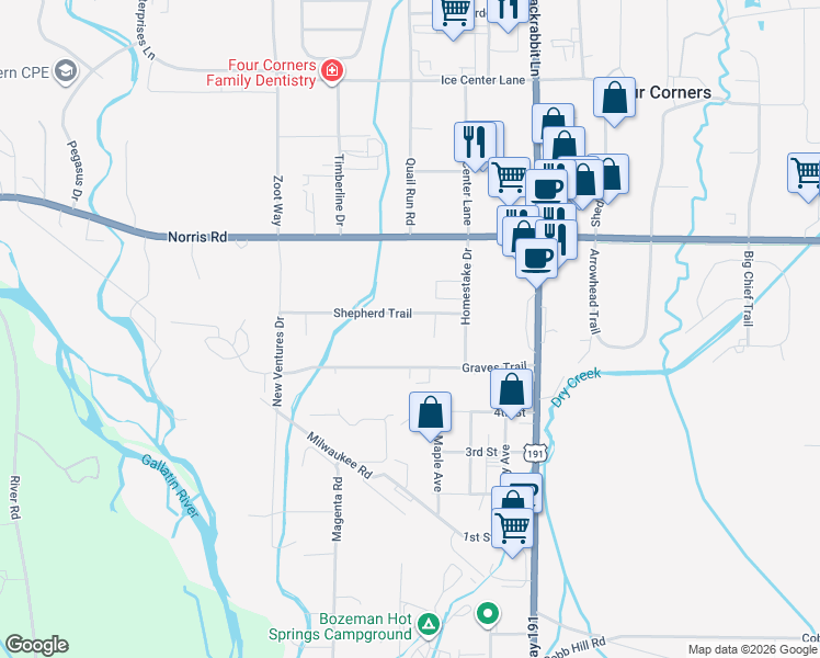 map of restaurants, bars, coffee shops, grocery stores, and more near 100 Shepherd Trail in Bozeman