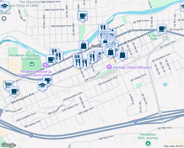 map of restaurants, bars, coffee shops, grocery stores, and more near 438 Southwest 5th Street in Pendleton