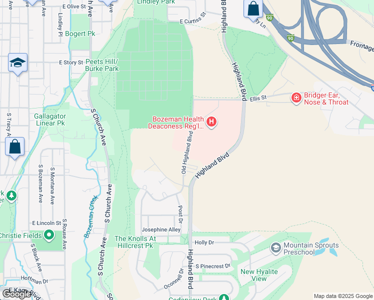 map of restaurants, bars, coffee shops, grocery stores, and more near 645 Old Highland Boulevard in Bozeman