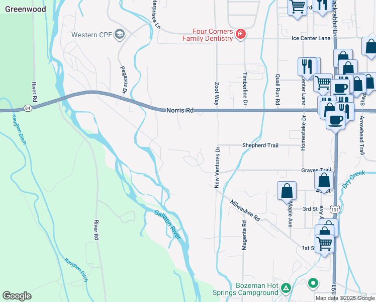 map of restaurants, bars, coffee shops, grocery stores, and more near 179 New Ventures Drive in Bozeman