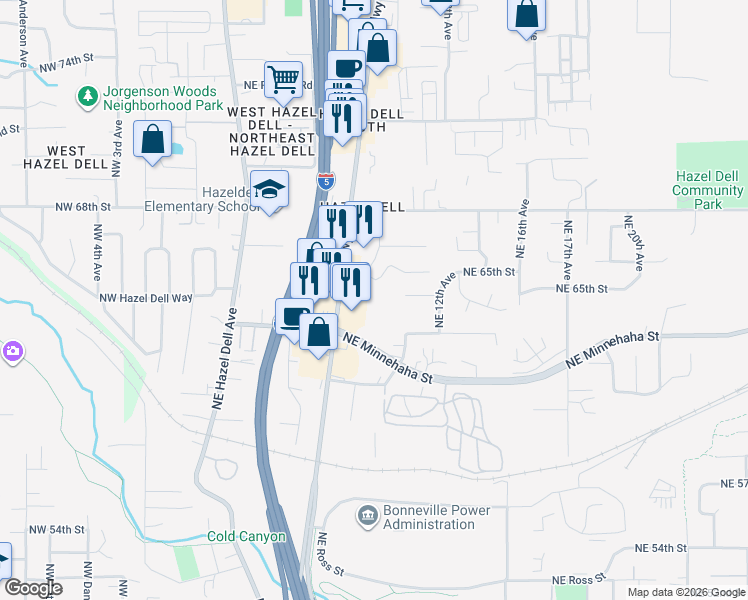 map of restaurants, bars, coffee shops, grocery stores, and more near 900 Northeast Minnehaha Street in Vancouver