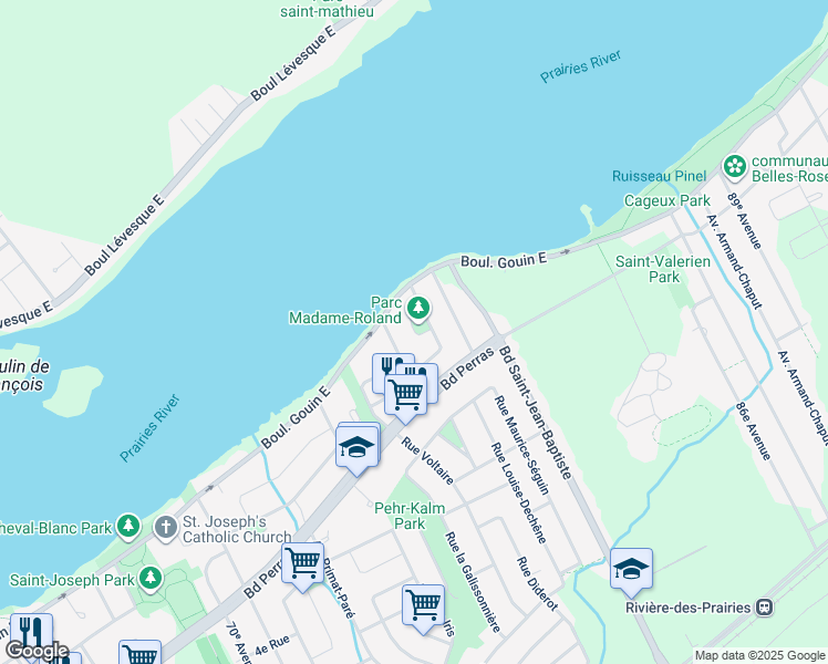 map of restaurants, bars, coffee shops, grocery stores, and more near 12540 Rue Buffon in Montreal