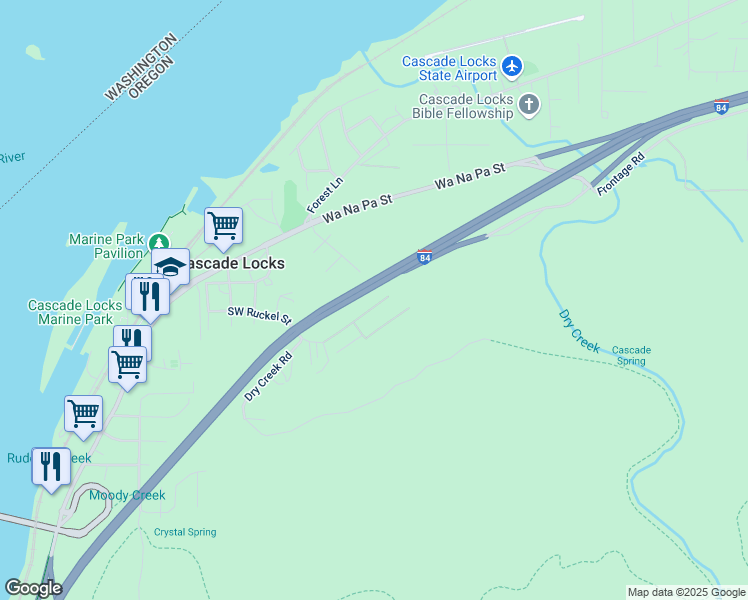 map of restaurants, bars, coffee shops, grocery stores, and more near 55 Southwest Ruckel Street in Cascade Locks
