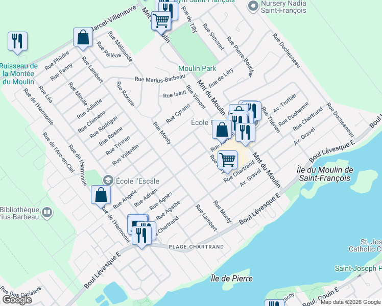 map of restaurants, bars, coffee shops, grocery stores, and more near 8390 Rue Charlemagne in Laval
