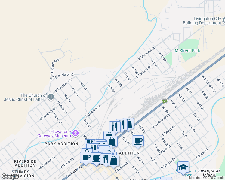 map of restaurants, bars, coffee shops, grocery stores, and more near 536 North F Street in Livingston