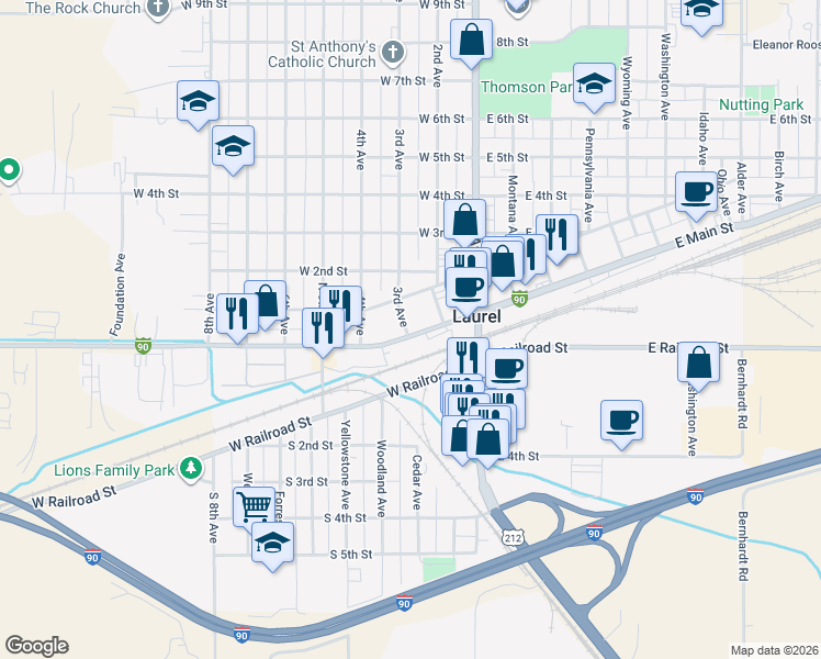 map of restaurants, bars, coffee shops, grocery stores, and more near 221 West Main Street in Laurel