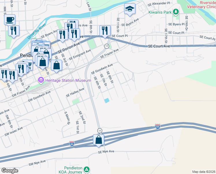 map of restaurants, bars, coffee shops, grocery stores, and more near 715 Southeast 7th Street in Pendleton