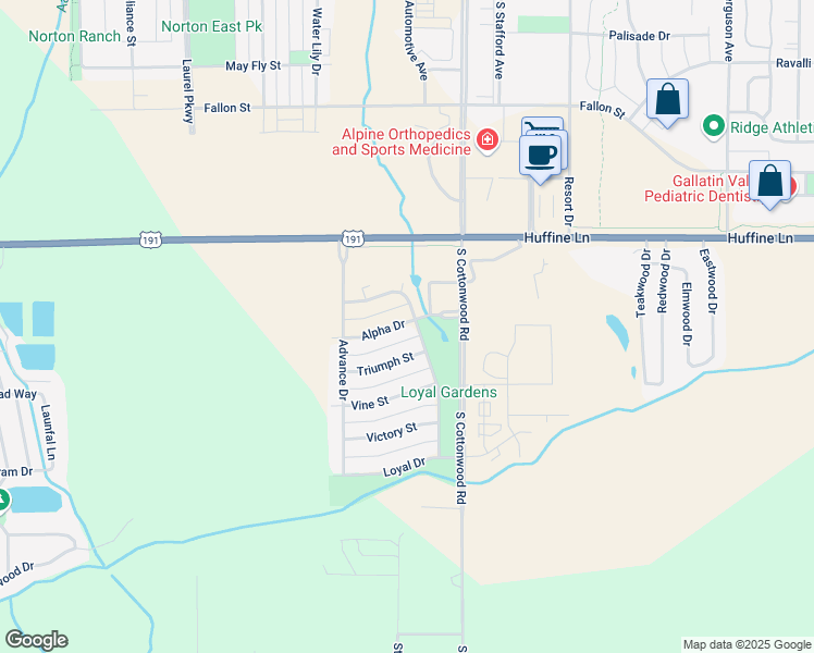 map of restaurants, bars, coffee shops, grocery stores, and more near 4801 Alpha Drive in Bozeman