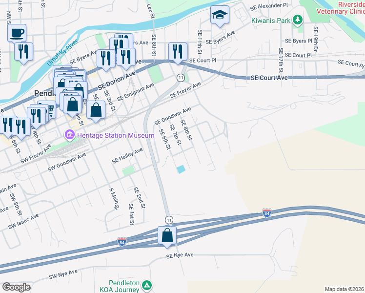 map of restaurants, bars, coffee shops, grocery stores, and more near 715 Southeast 7th Street in Pendleton