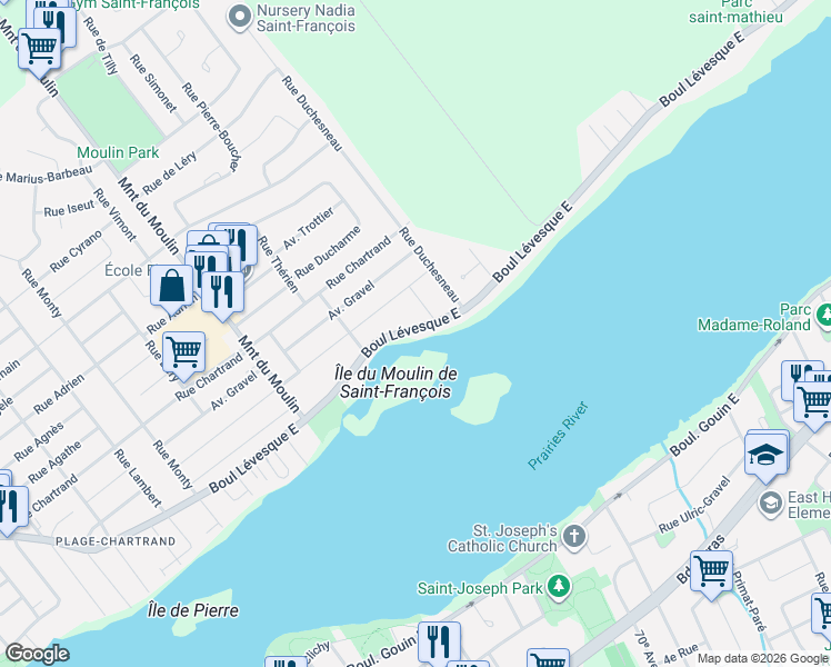 map of restaurants, bars, coffee shops, grocery stores, and more near 8790 Boulevard Lévesque Est in Laval