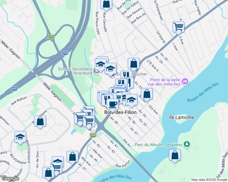 map of restaurants, bars, coffee shops, grocery stores, and more near 400 Rue Édouard Lafortune in Bois-des-Filion