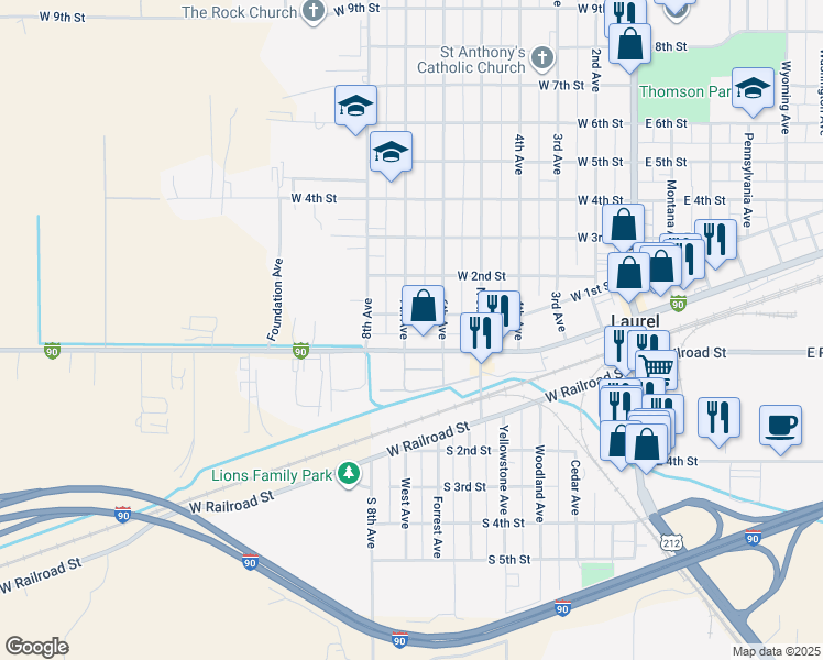 map of restaurants, bars, coffee shops, grocery stores, and more near 15 7th Avenue in Laurel
