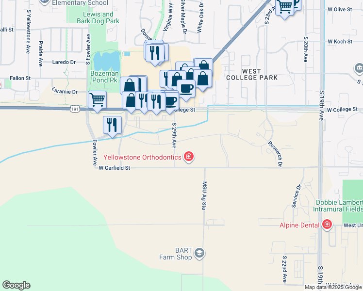 map of restaurants, bars, coffee shops, grocery stores, and more near 2880 Technology Boulevard West in Bozeman