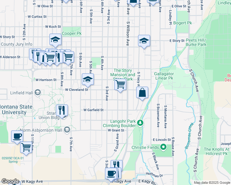 map of restaurants, bars, coffee shops, grocery stores, and more near 1001 South Grand Avenue in Bozeman
