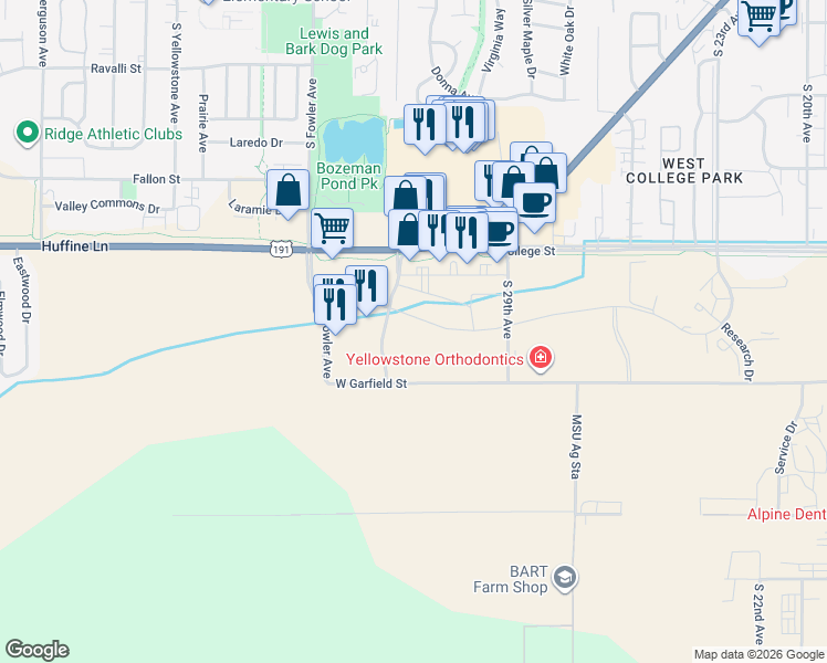 map of restaurants, bars, coffee shops, grocery stores, and more near Harmon Stream Boulevard in Bozeman