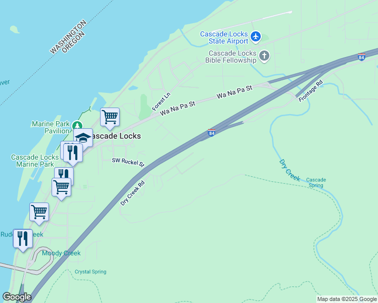map of restaurants, bars, coffee shops, grocery stores, and more near 55 Southwest Ruckel Street in Cascade Locks