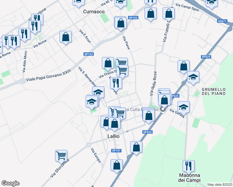 map of restaurants, bars, coffee shops, grocery stores, and more near 21 Via I Maggio in Lallio