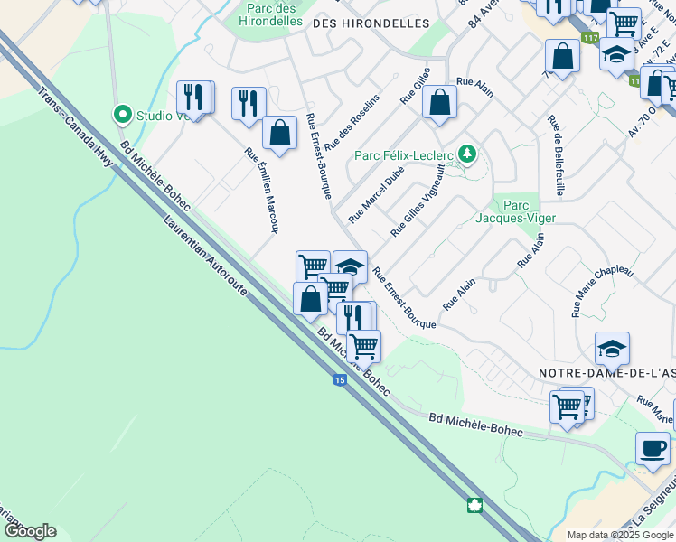 map of restaurants, bars, coffee shops, grocery stores, and more near 1031 Rue Gilles Vigneault in Blainville