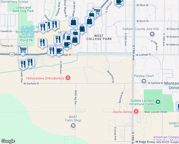 map of restaurants, bars, coffee shops, grocery stores, and more near Msu Ag Experiment Station in Bozeman