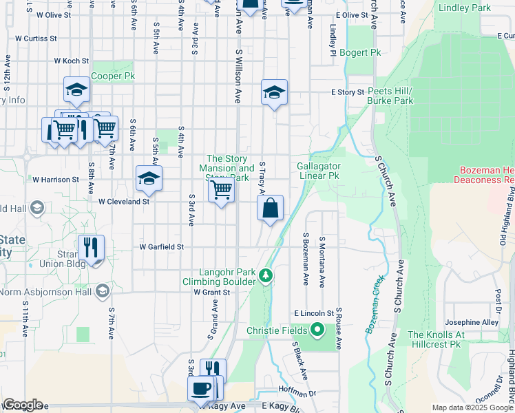 map of restaurants, bars, coffee shops, grocery stores, and more near 10 West Cleveland Street in Bozeman