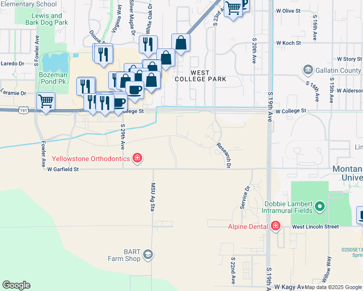 map of restaurants, bars, coffee shops, grocery stores, and more near Msu Ag Experiment Station in Bozeman