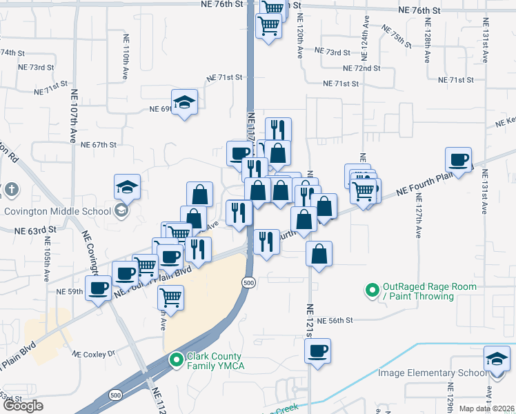map of restaurants, bars, coffee shops, grocery stores, and more near 6403 Northeast 117th Avenue in Vancouver