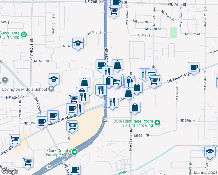 map of restaurants, bars, coffee shops, grocery stores, and more near 6403 Northeast 117th Avenue in Vancouver