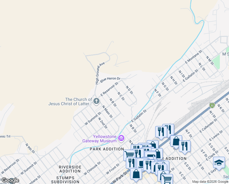 map of restaurants, bars, coffee shops, grocery stores, and more near 719-729 N C St in Livingston