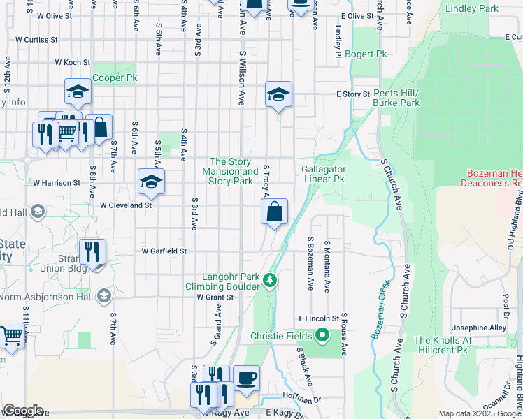 map of restaurants, bars, coffee shops, grocery stores, and more near 10 West Cleveland Street in Bozeman
