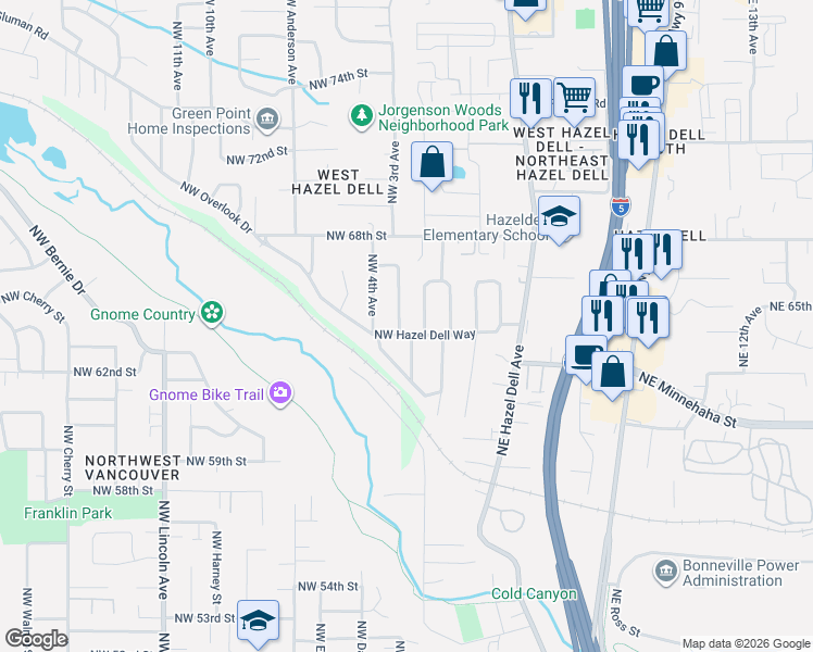 map of restaurants, bars, coffee shops, grocery stores, and more near 300 Northwest Hazel Dell Way in Vancouver