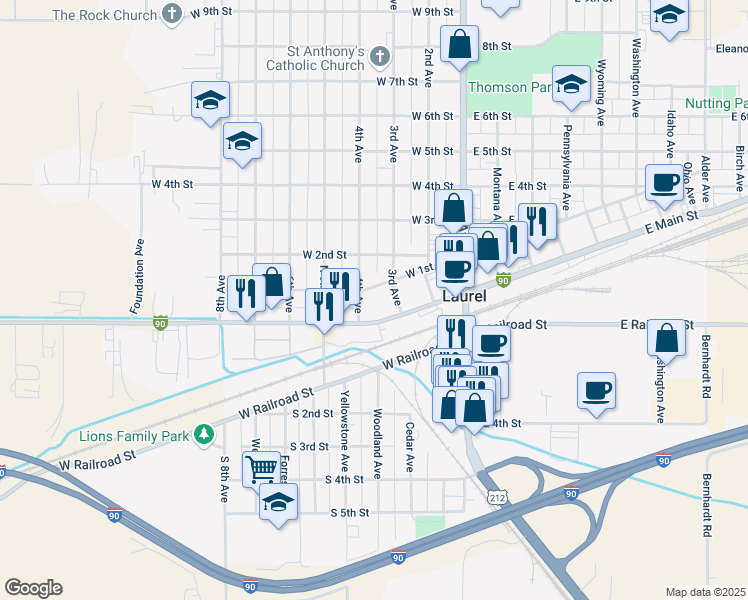 map of restaurants, bars, coffee shops, grocery stores, and more near 314 W 1st St in Laurel