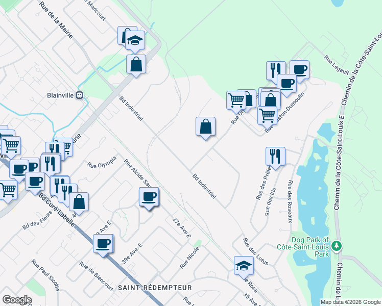 map of restaurants, bars, coffee shops, grocery stores, and more near 730 Boulevard Industriel in Blainville
