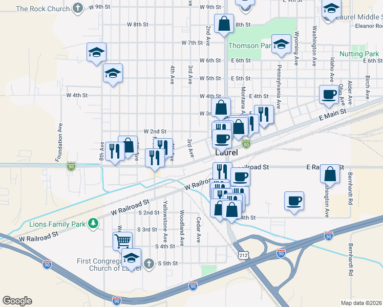 map of restaurants, bars, coffee shops, grocery stores, and more near 221 West Main Street in Laurel