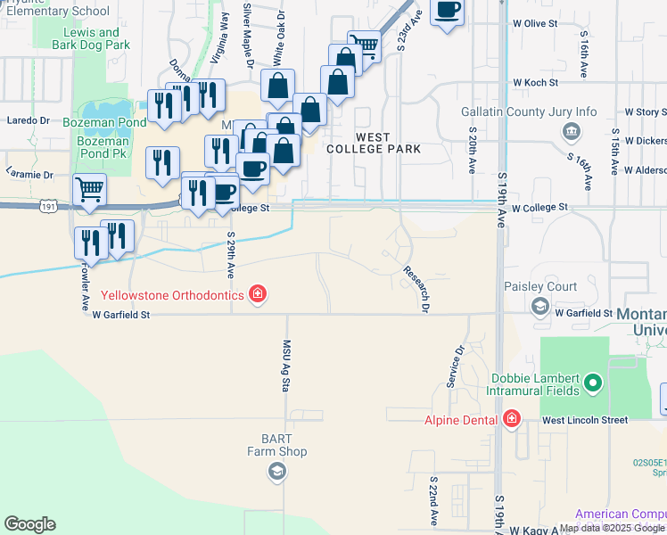 map of restaurants, bars, coffee shops, grocery stores, and more near 2500 West College Street in Bozeman