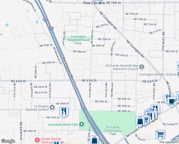 map of restaurants, bars, coffee shops, grocery stores, and more near 6406 Northeast 94th Avenue in Vancouver