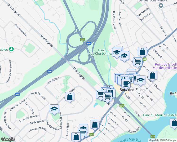 map of restaurants, bars, coffee shops, grocery stores, and more near 121 Chemin du Souvenir in Bois-des-Filion