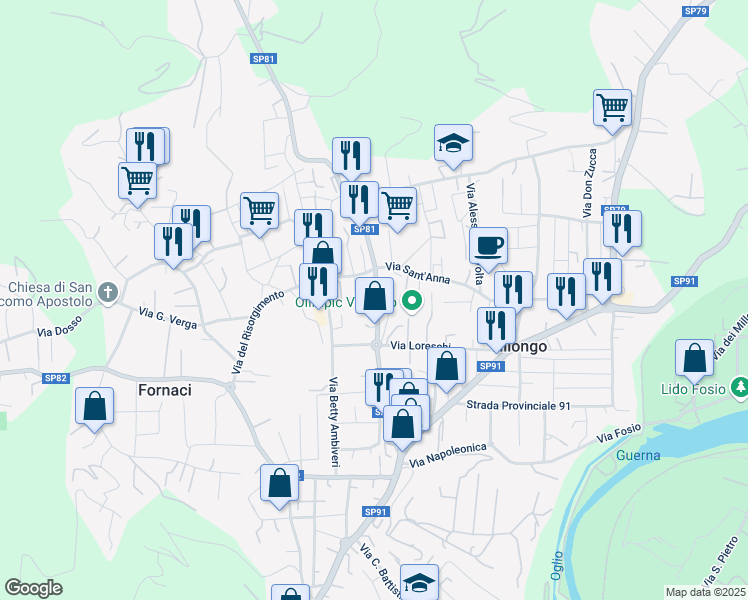 map of restaurants, bars, coffee shops, grocery stores, and more near Strada Provinciale 81 in Villongo