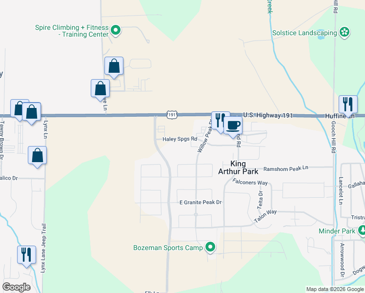 map of restaurants, bars, coffee shops, grocery stores, and more near Willow Peak Drive in Bozeman