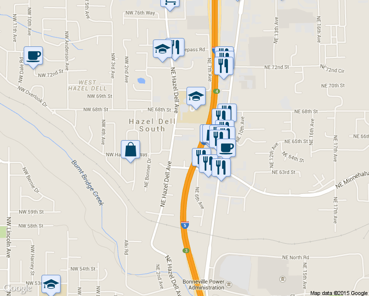 map of restaurants, bars, coffee shops, grocery stores, and more near 6405 Northeast Hazel Dell Avenue in Vancouver