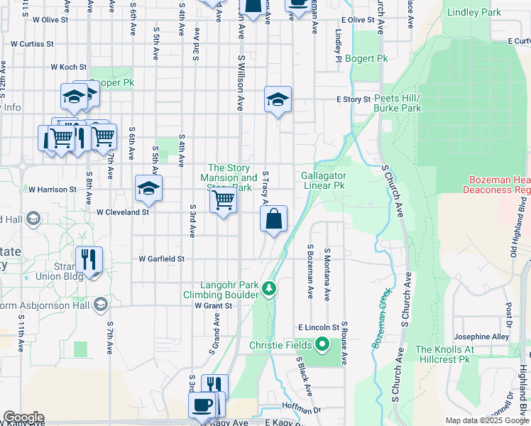 map of restaurants, bars, coffee shops, grocery stores, and more near 1001 South Tracy Avenue in Bozeman