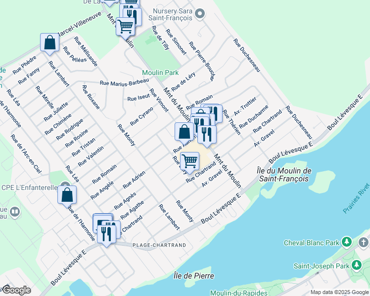 map of restaurants, bars, coffee shops, grocery stores, and more near 600 Montée du Moulin in Laval