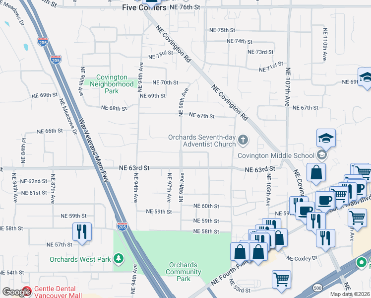 map of restaurants, bars, coffee shops, grocery stores, and more near 6411 Northeast 98th Avenue in Vancouver