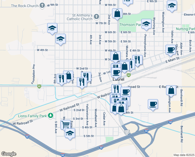 map of restaurants, bars, coffee shops, grocery stores, and more near 314 West 1st Street in Laurel