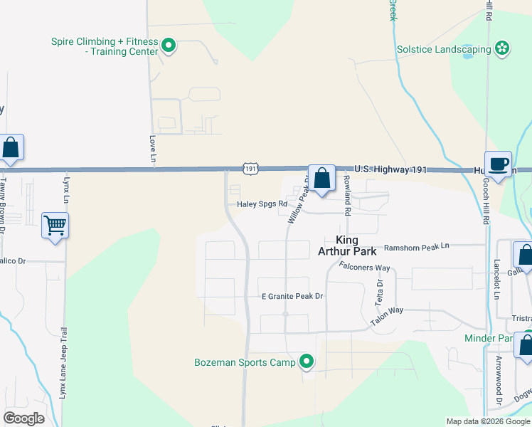 map of restaurants, bars, coffee shops, grocery stores, and more near Willow Peak Drive in Bozeman