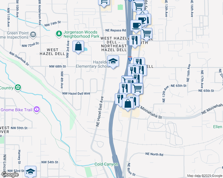 map of restaurants, bars, coffee shops, grocery stores, and more near 6405 Northeast Hazel Dell Avenue in Vancouver