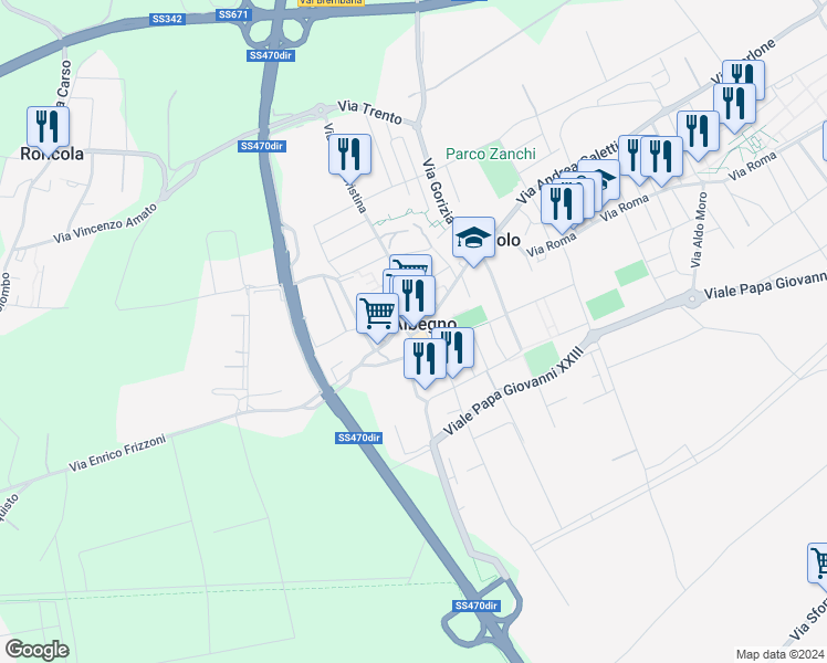 map of restaurants, bars, coffee shops, grocery stores, and more near in Treviolo