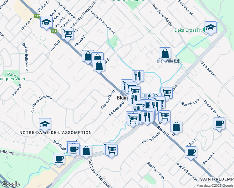 map of restaurants, bars, coffee shops, grocery stores, and more near in Blainville