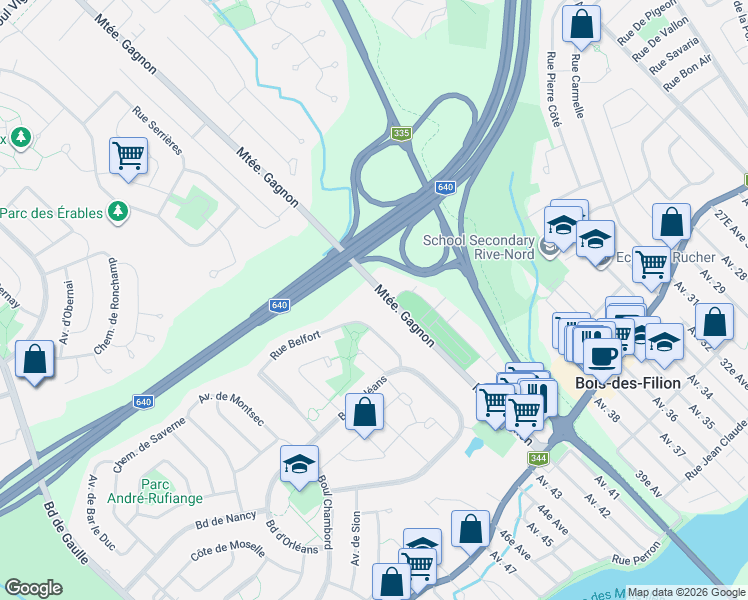 map of restaurants, bars, coffee shops, grocery stores, and more near 100 Place du souvenir in Bois-des-Filion