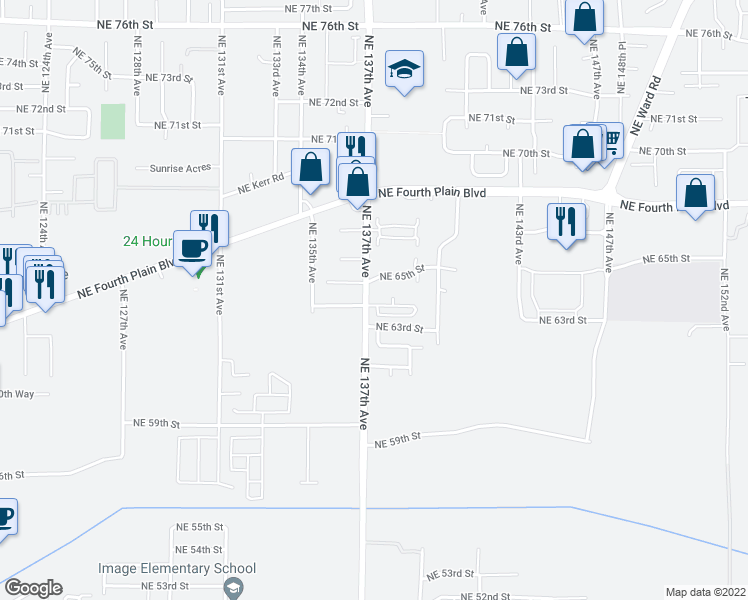 map of restaurants, bars, coffee shops, grocery stores, and more near 6314 Northeast 137th Avenue in Vancouver